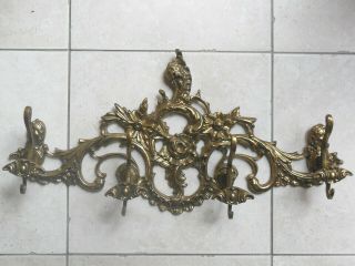 French Antique Hand Chased Brass Wall Coat Rack Or Hat Rack 4 Hooks