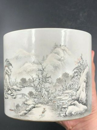 A FAMILLE - ROSE ' WINTER LANDSCAPE ' BRUSHPOT WITH HE XUREN MARK 10