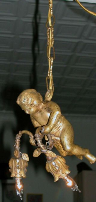 Vintage Bronze Hangin Chain Pendant Hall Putti Cherub Figural Fixture Chandelier