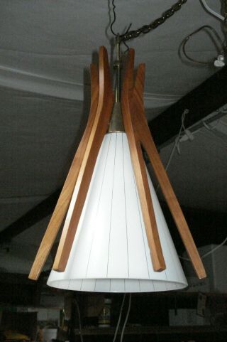 Vintage Mcm Mid Century Teak Wood Glass Danish Modern Swag Lamp.  Exclnt Cond.