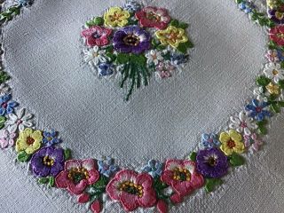 Exquisite Vintage Irish Linen Hand Embroidered Tablecloth Gorgeous Florals