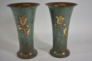 Pair Silver Crest Vintage Arts And Crafts Vase Green