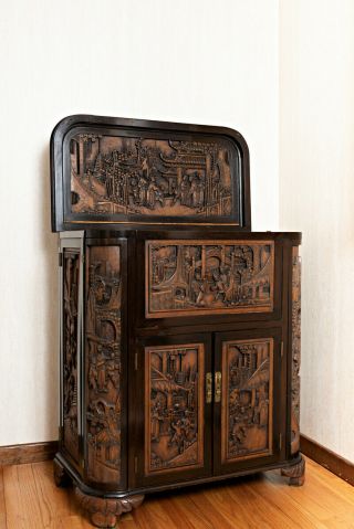 Antique Chinese Lacquered Carved Camphor Wood Bar,  Cabinet,  Dragons,  Court Scenes