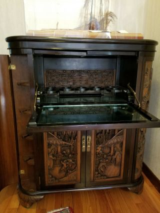ANTIQUE CHINESE LACQUERED CARVED CAMPHOR WOOD BAR,  CABINET,  DRAGONS,  COURT SCENES 3