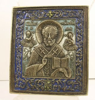 Russian Antigue Orthodox Bronze Icon Enameled St.  Nicholas