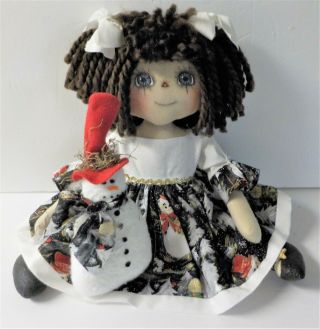 Handmade Primitive Raggedy Ann Doll Glittering Christmas In July/ Snowman Doll