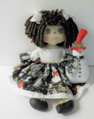 HANDMADE Primitive Raggedy Ann DOLL GLITTERING CHRISTMAS IN JULY/ SNOWMAN DOLL 9