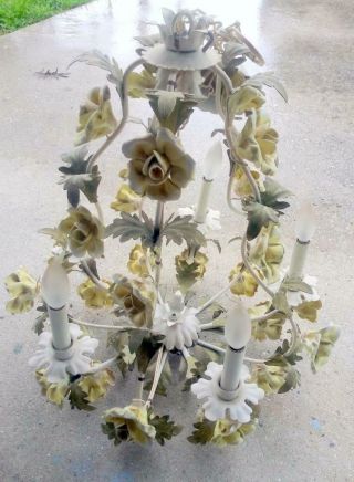 Vintage Tole Painted Italian Wrought Iron Chandelier Yellow Porcelain Flowers