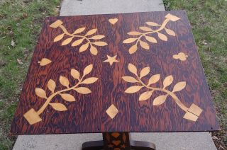Antique Folk Art Primitive Card Game Table With Inlay Hand Made Tramp Art 1930 ' s 3