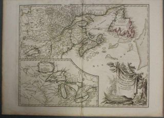 Newfoundland Nova Scotia Great Lakes Canada 1797 Vaugondy/delamarche Antique Map