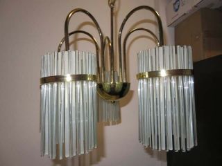 Hollywood Regency Sciolari Glass Rod & Brass 5 Waterfall Lights Chandelier