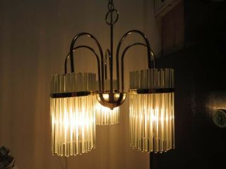 Hollywood Regency Sciolari Glass Rod & Brass 5 Waterfall Lights Chandelier 3