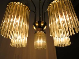 Hollywood Regency Sciolari Glass Rod & Brass 5 Waterfall Lights Chandelier 4