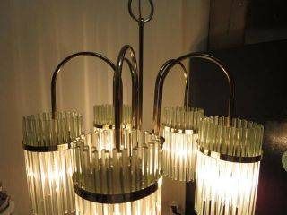 Hollywood Regency Sciolari Glass Rod & Brass 5 Waterfall Lights Chandelier 5