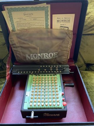 Antique Rare Monroe Adding Calculator Machine With The Case,  Guaranty 6