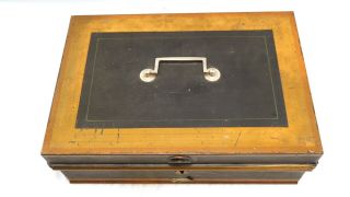 Antique Metal Strong / Lock Box.  S.  Tajbhai & Sons Gun Brand.  Documents,  Tray 2
