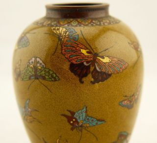 Early Namikawa Meiji Japanese Cloisonne enamel Butterfly yellow - ground vase 11