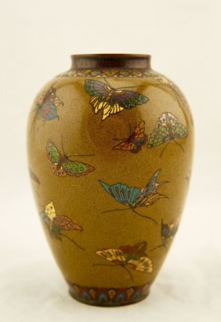 Early Namikawa Meiji Japanese Cloisonne Enamel Butterfly Yellow - Ground Vase