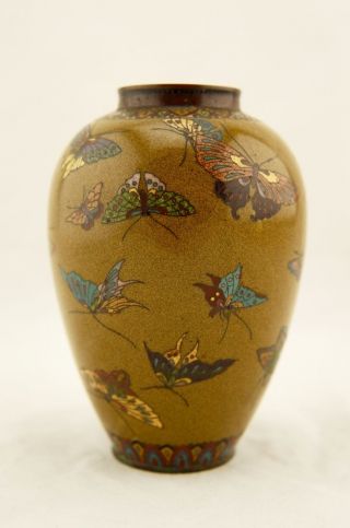 Early Namikawa Meiji Japanese Cloisonne enamel Butterfly yellow - ground vase 2