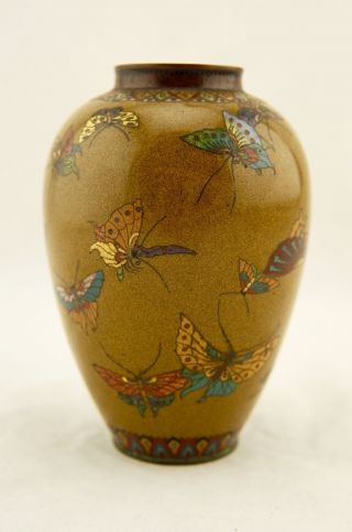 Early Namikawa Meiji Japanese Cloisonne enamel Butterfly yellow - ground vase 5