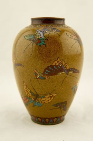 Early Namikawa Meiji Japanese Cloisonne enamel Butterfly yellow - ground vase 6