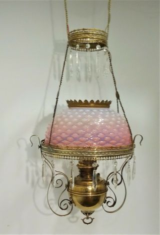 Victorian Hanging Library Oil Lamp Prisms Hobnail Glass Shade Electrified.