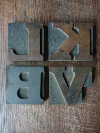 Letters B K L & V Vintage Letterpress Print Blocks Wood Type 3.  25 " 3.  75 " Wood