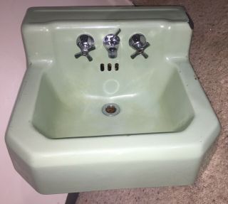 Vintage Mid Century Modern Enameled Cast Iron Bathroom Sink 1954 Green Farmhouse