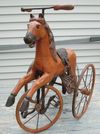 Cp - 1322 Vintage Carved Wood Horse Tricycle,  Large Wheels,  Handlebar