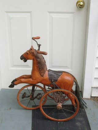 cp - 1322 Vintage carved wood HORSE TRICYCLE,  large wheels,  handlebar 2