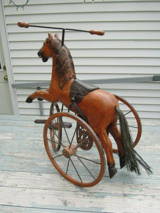 cp - 1322 Vintage carved wood HORSE TRICYCLE,  large wheels,  handlebar 3