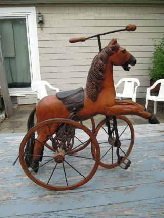 cp - 1322 Vintage carved wood HORSE TRICYCLE,  large wheels,  handlebar 4