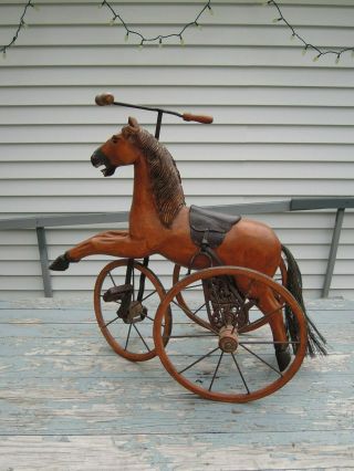 cp - 1322 Vintage carved wood HORSE TRICYCLE,  large wheels,  handlebar 5