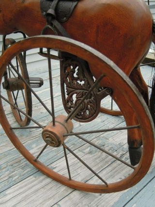 cp - 1322 Vintage carved wood HORSE TRICYCLE,  large wheels,  handlebar 7