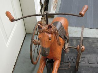 cp - 1322 Vintage carved wood HORSE TRICYCLE,  large wheels,  handlebar 8