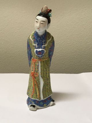 Vintage Chinese Porcelain Enameled Famille Rose Standing Figure Scholar Signed.