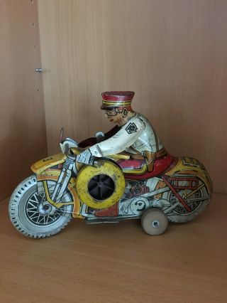 1938 Marx Tin Toy Wind - Up Police Motorcycle Siren,