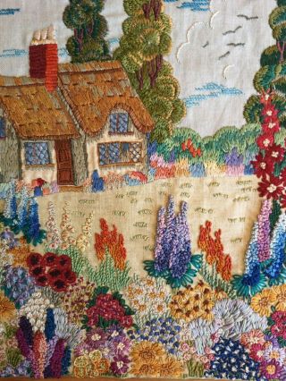 Large Vintage Embroidered 1930s Detailed English Country Cottage Garden Panel
