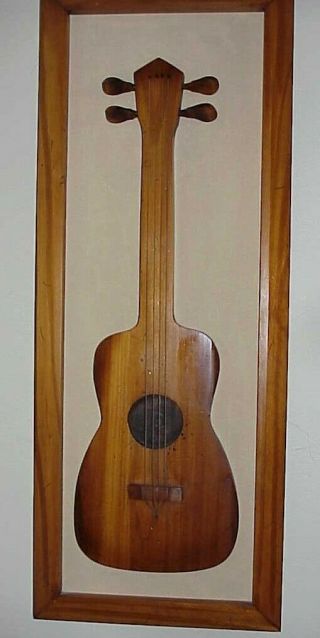 Vintage Mid Century Modern 34 " H X 13 1/2 " W Teak And Linen Guitar Wall Hanging