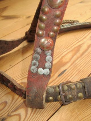 ANTIQUE BRIDLE / HEADSTALL with BIT,  BRASS TACKS,  STUDS and REINS. 10