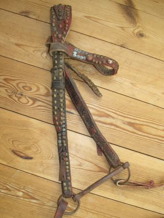 Antique Bridle / Headstall With Bit,  Brass Tacks,  Studs And Reins.