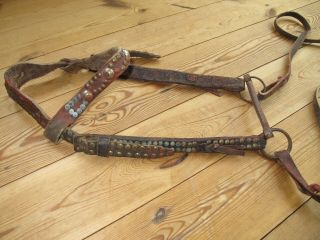 ANTIQUE BRIDLE / HEADSTALL with BIT,  BRASS TACKS,  STUDS and REINS. 2