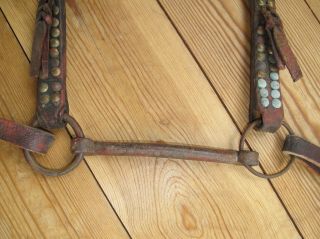 ANTIQUE BRIDLE / HEADSTALL with BIT,  BRASS TACKS,  STUDS and REINS. 5