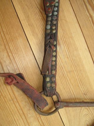 ANTIQUE BRIDLE / HEADSTALL with BIT,  BRASS TACKS,  STUDS and REINS. 6