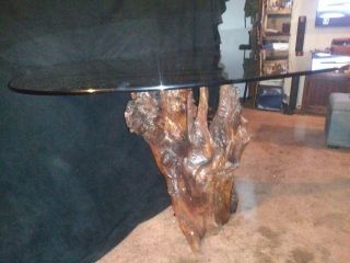 Old Growth Redwood Burl Dining Rm or Kitchen Table With Smoked Glass Table Top. 11