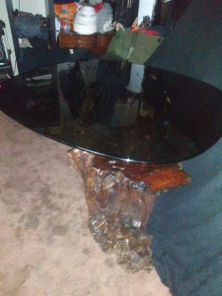 Old Growth Redwood Burl Dining Rm or Kitchen Table With Smoked Glass Table Top. 12