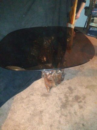Old Growth Redwood Burl Dining Rm Or Kitchen Table With Smoked Glass Table Top.