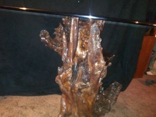 Old Growth Redwood Burl Dining Rm or Kitchen Table With Smoked Glass Table Top. 2