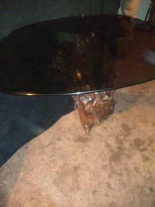Old Growth Redwood Burl Dining Rm or Kitchen Table With Smoked Glass Table Top. 3