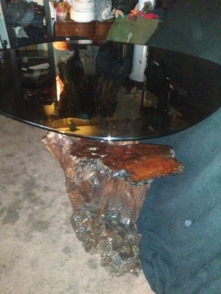 Old Growth Redwood Burl Dining Rm or Kitchen Table With Smoked Glass Table Top. 8